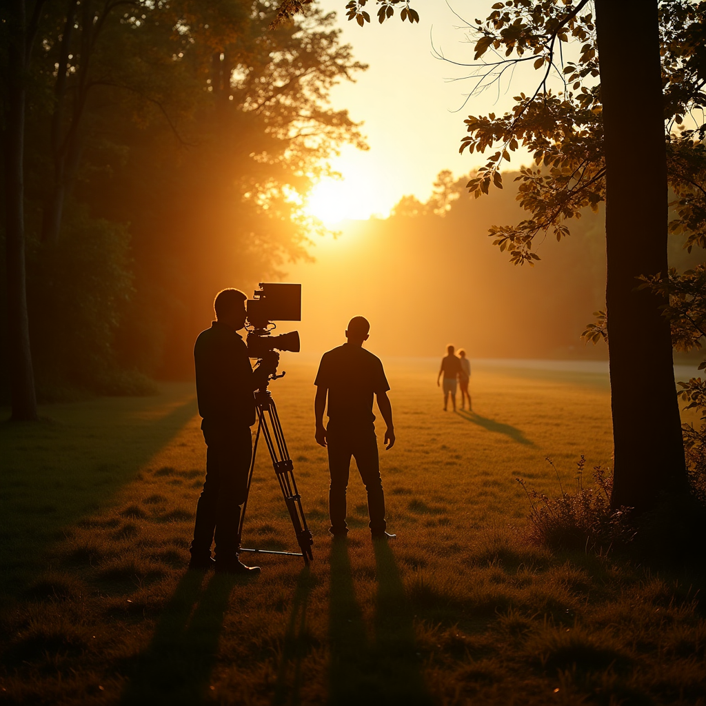 Film crew shooting at golden hour in North Carolina